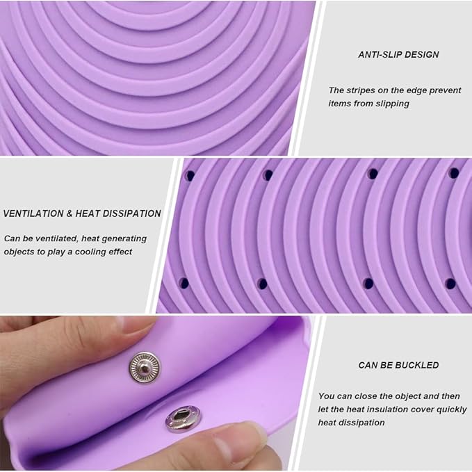 Heat Insulating Silicone Mat Pouch for Hair Straightener, Anti-Slip Travel Pad Cover for Curling & Flat Iron, Portable Styling Heat Mat Holder for Curler Wand and Hot Waver (Purple)