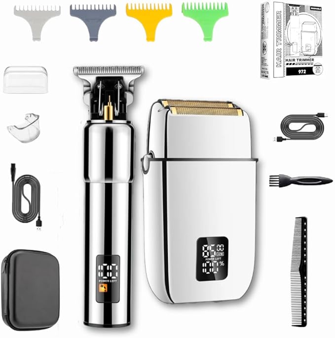 Hal&Hol Professional Cordless Electric Hair/Beard Trimmer and Foil Shaver for Men - Complete Barber Grooming Kit with Rechargeable Battery, Protective Case and 4 Guards, Gift for Men