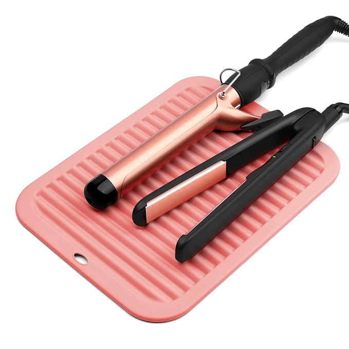 Large Silicone Heat Resistant Mat, Hot Tools Mat, Flat Iron Holder, Hair Straightener and Hair Styling Tools, Vanity Organizer Makeup Mat Accessories (Orange Pink)