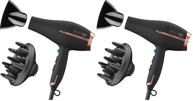 Infiniti PRO by CONAIR Hair Dryer,1875W Blow Dryer with Diffuser and Concentrator,Ceramic Technology,3 Heat & 2 Speed Settings,Cold Shot Button,Black,(Pack of 2)
