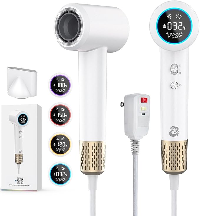 Hair Dryer, 1500W High Speed 110000 RPM Blow Dryer with Plasma Tech (Positive+Negative Ionic), LCD Display, 5 Modes, Thermo-Control, Low Noise, Fast Drying Travel Hair Dryer for Home or Travel(White)