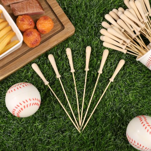 100 Pcs Baseball Bat Cocktail Picks 6.1 Inch Baseball Bat End Bamboo Cocktail Skewers Decorative Fruit Toothpicks for Sport Theme Party Supplies Fruit Sandwich Buffets (Baseball Bat)