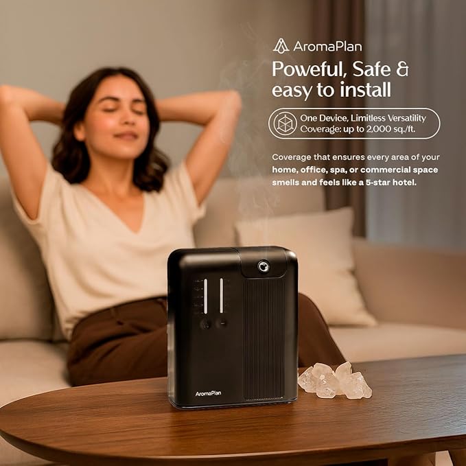 AromaPlan 5 Star Collection Cold Air Scent Diffuser, Whole House (Includes 2 Fragrances & 12 Set Sample kit) - Smart Scent Diffuser, HVAC System- Touch & App, 2000 Sq. Ft Cov. (Black)
