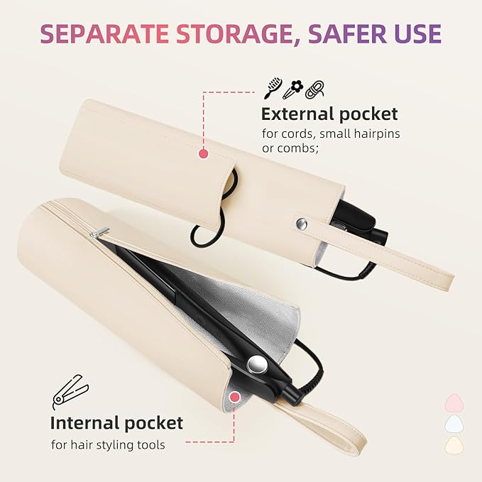 2-in-1 Heat Resistant Mat & Bag for Hair Styling Tools, Hanging Curling Iron Holder Flat Iron Holder with Zip, Portable Hot Hair Tools Travel Bag, Hair Straightener Mat Pouch for Countertop