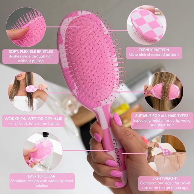 FRAMAR Checkered Hair Brush Detangler – Wet Hair Brushes For Women, Womens Hair Brush, Hair Accessories, Hairbrush For Women, Cepillos Para Cabello, Reduces Breakage – Detangle Brush - Pink