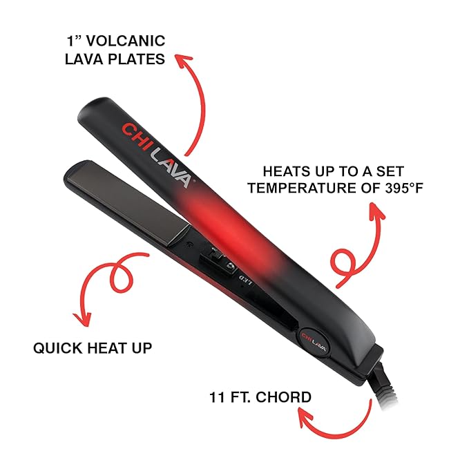 CHI Lava Ceramic 1″ Flat Iron Hair Straightener, Volcanic Lava Ceramic Plates for Smooth, Even Styling, 11 ft Swivel Cord, Heat-Stable Hair Flat Iron for All Types