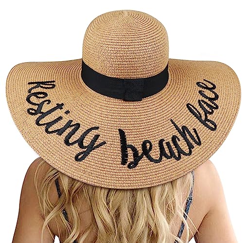 Big Straw Sun Hats for Women Floppy Foldable Roll up Beach Cap Sun Hat UPF 50+ Vacation Honeymoon Embroidered Hat (Z Resting Beach Face: Khaki)