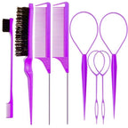 8Pcs Hair Brushes Set with 4Pcs Topsy Hair Tail Tools 1Pcs Bristle Teasing Hair Brush 1Pcs Edge Control Brush 2Pcs Metal Pin Rat Tail Combs for Woman Girl Hair Styling,Edge&Back Brushing purple
