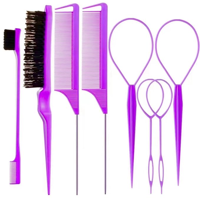 8Pcs Hair Brushes Set with 4Pcs Topsy Hair Tail Tools 1Pcs Bristle Teasing Hair Brush 1Pcs Edge Control Brush 2Pcs Metal Pin Rat Tail Combs for Woman Girl Hair Styling,Edge&Back Brushing purple