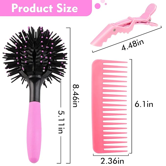 Drying Hair Brush 3D Round Hair Brushes With Alligator Hair Clips and Wide Tooth Comb Women Blow Detangling Ball Hair brush 360° Curly Styling Circle Hair Comb