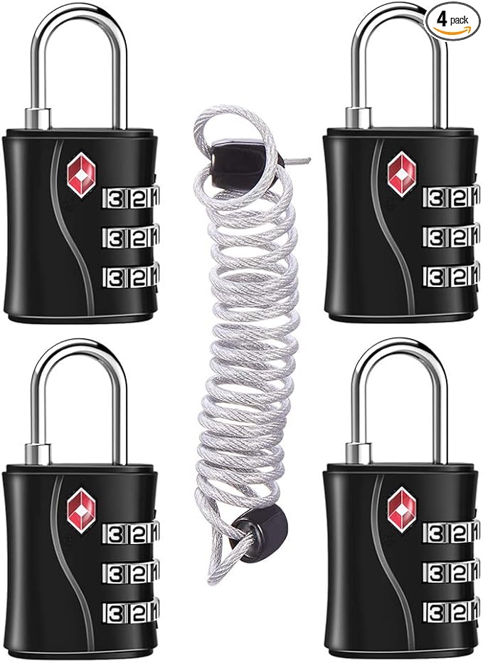 ZHEGE Luggage Lock for Train 4 Pack, 1 Cable, TSA Approved Travel Cable Lock by ZHEGE