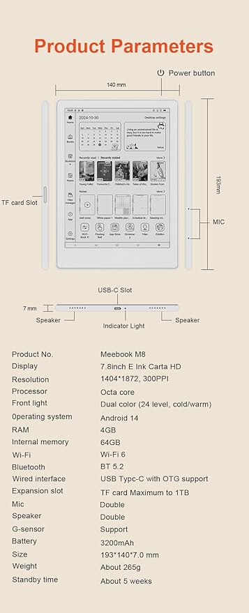 Meebook E-Reader M8 | 7.8' Eink Carta Screen | 300PPI Smart Light | Android 14 - Image 9