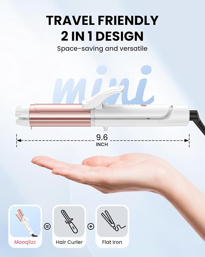 Dual Voltage Curling Iron, Mini Travel Size Curling Iron for European, 1 1/4 Inch Ceramic Plates Hair Straightener with Adjustable Temperature, European Plug Included