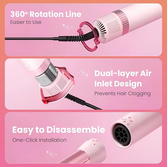 Blow Dryer Brush Set 5 in 1 with Curling Barrels, Volumizing Round & Straightening Brush, Hot Air Hair Styler Multi Styler for Blowouts, Travel Friendly, Pink – AURA LUXE