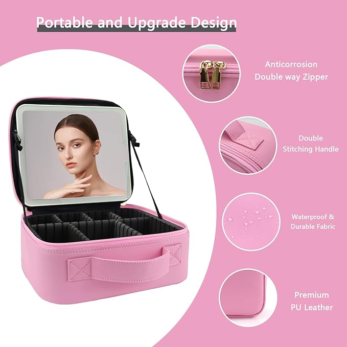 Makeup Bag with Led Mirror, Travel Makeup Organizer with 3 Color Setting & 10X - Image 4