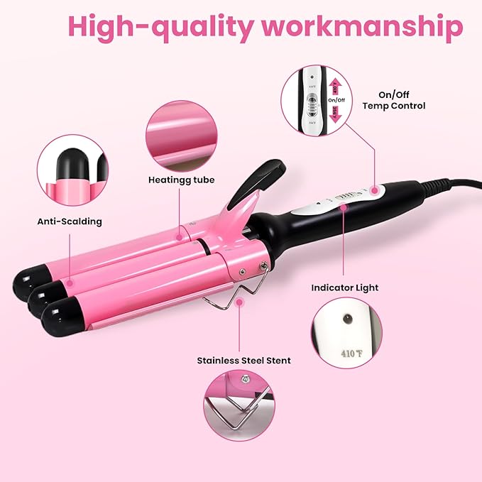 3 Barrel Curling Iron - Crimper Hair Tool 1" Ceramic Hair Crimper & Crimping Iron | Triple Barrel Hair Waver for Women Beach Waves, Dual Voltage, 2 Temp Settings