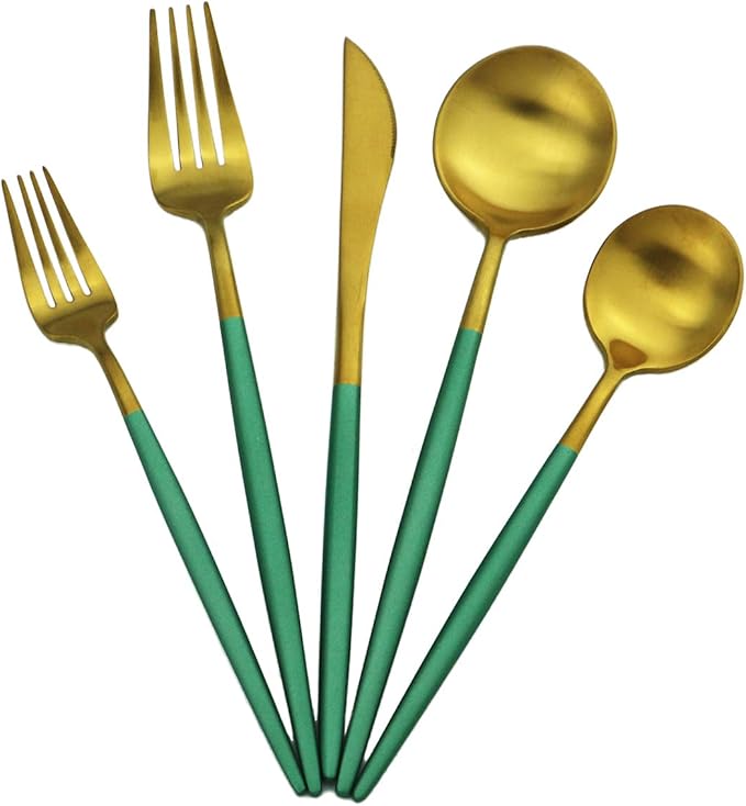 Green Handle Matte Gold Silverware, Gugrida 5-Piece 18/10 Stainless Steel by Gugrida