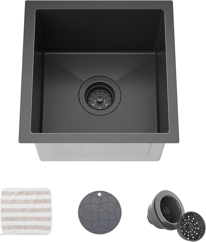 TORVA 14 x 14 Inch Gloss Black Undermount Kitchen Sink, PVD Coated Gunmetal by TORVA