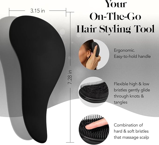 Kitsch Detangler Brush – Gentle Curly Hair Brush with Flexible Bristles for All Hair Types - Wet or Dry | Detangling Hair Brushes for Women & Men, Hairbrush for Adults & Kids - Black