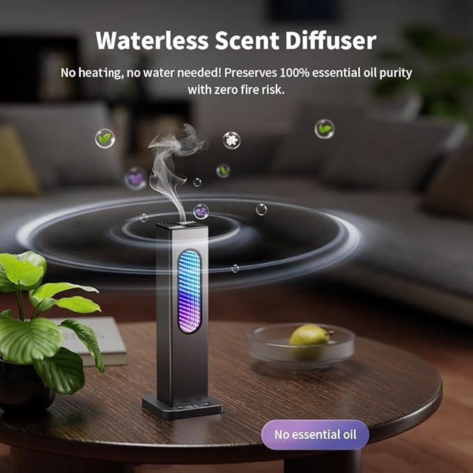 Waterless Scent Diffuser - Suitable for Home/Hotel/Shopping Mall/Yoga Air Diffuser,200㎡ Coverage,3 Gears Mist Adjustment, App Control, Multi-Color Neon Light,Without Essential Oil(Color:Dark Grey)