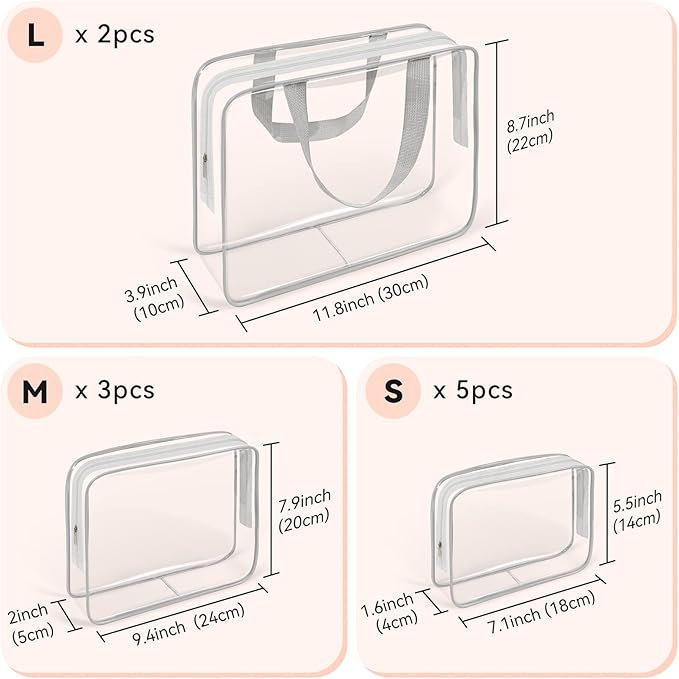 TISRATOK 10 PCS Clear Travel Makeup Toiletry Bag, Plastic PVC Cosmetic TSA - Image 2