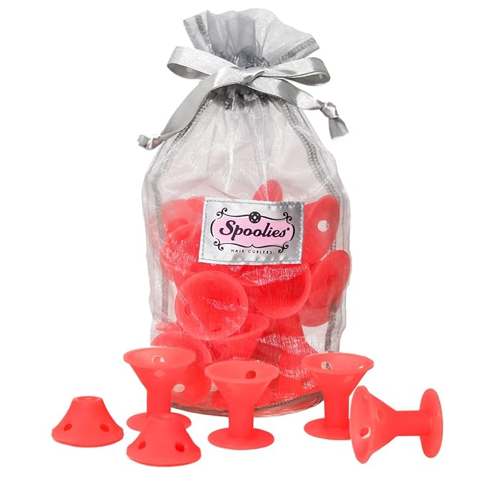 Spoolies Original Hair Curlers, Heatless Silicone Rollers with Mesh Bag Gift, Made in USA, 15 Jumbo Size (Rose Red)