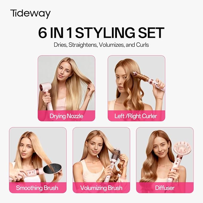 Tideway Prowaver 6-in-1 Hot Air Styler Wrap Dual Voltage Ionic Professional Hair Dryer Brush with Auto Wrap Curlers &Volumizing Brush for Fast Drying& Frizz Free Hair with No Heat Damage for Women
