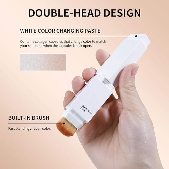 AKARY Cover Cream Stick, Color Changing Foundation Stick, Moisturizing Skin Matching Cover Cream with Medium to Full Coverage Dewy Finish Base Makeup, Dual-Ended with SoftBrush, #4 Medium