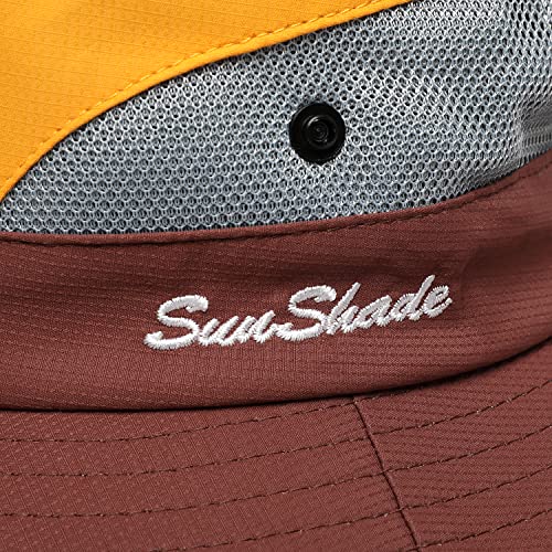 Womens Summer Sun Hat Beach Hat Wide Brim Outdoor UV Protection Hat Foldable Cool Mesh Ponytail Bucket Hat (6-7 / Yellow-brown)