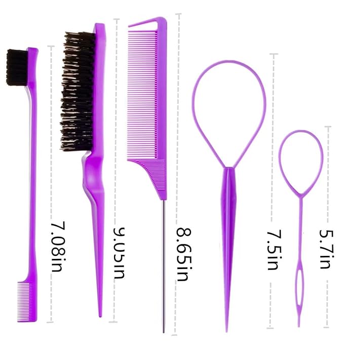 8Pcs Hair Brushes Set with 4Pcs Topsy Hair Tail Tools 1Pcs Bristle Teasing Hair Brush 1Pcs Edge Control Brush 2Pcs Metal Pin Rat Tail Combs for Woman Girl Hair Styling,Edge&Back Brushing purple