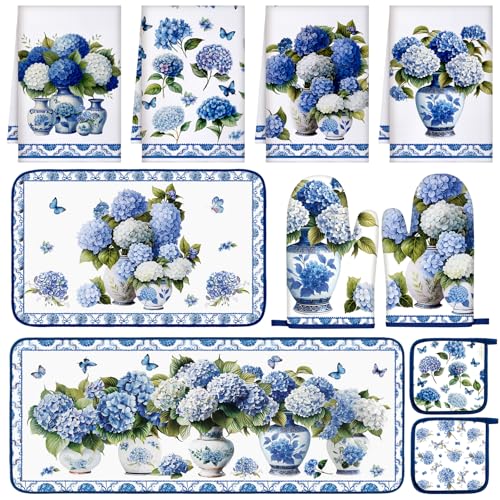 10 Pcs Chinoiserie Blue White Hydrangea Kitchen Decor Set (Blue, White / Hydrangea)