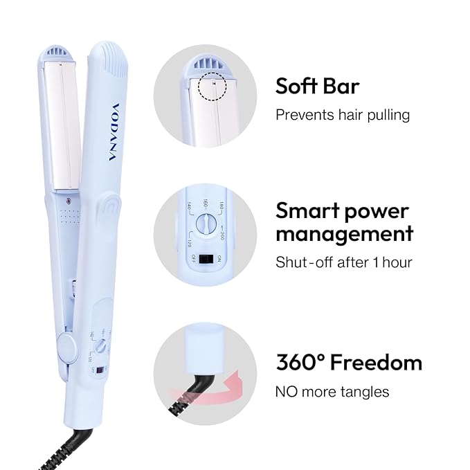 VODANA Professional Softbar Flat Iron - Ceramic Straightener with Patented Silicone Bar, Smooth & Quick Styling, Healthy Hair Solution, Dual Voltage for Worldwide Use (1 inch, Creamy Blue)