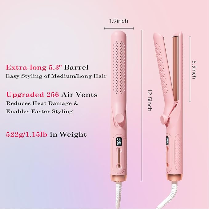 Hahahope Hair Straightener Curler 2-in-1: 1.25" Flat Iron for Women - Curling Wand 360° Airflow Cooling Vents Titanium Ionic for Less Frizz - 5 Temps & Auto Off Dual Voltage (Pink)