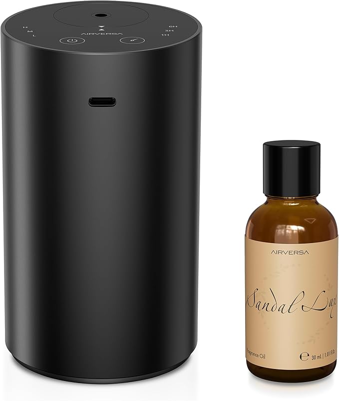 Airversa Waterless Essential Oil Diffuser Starter Kit with 30mL Sandal Lux Fragrance Oil, Premium Metal, Battery Operated Mini Scent Air Machine Portable Diffuser for Home Car Office, Black ADX Kit