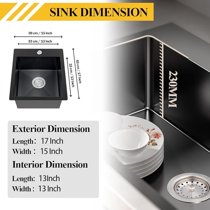 Black Kitchen Sink, Stainless Steel Drop In 15x17x9 Inch Single Bowl Topmount - Image 6