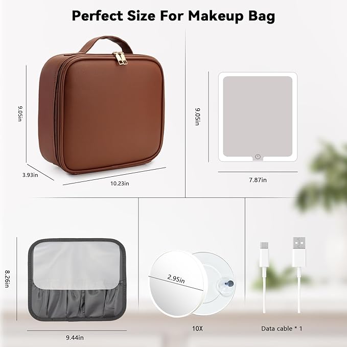 Travel Makeup Bag with LED Mirror and 10x magnifying glass with 3 Lighted - Image 8