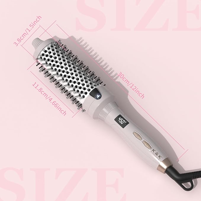 K&K Thermal Brush Heated Round Brush - Blowout Look Volumizer with 1.5 inch Heated Round for Hair Styler Tool Hair Straightener and Curler 2 in 1 Dual Voltage Temperture Contronal (Silver, 1.5 Inch)