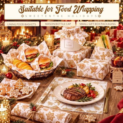 100 Pcs Christmas Wax Paper Sheets for Food Wrapping (Browm / Christmas Classic)