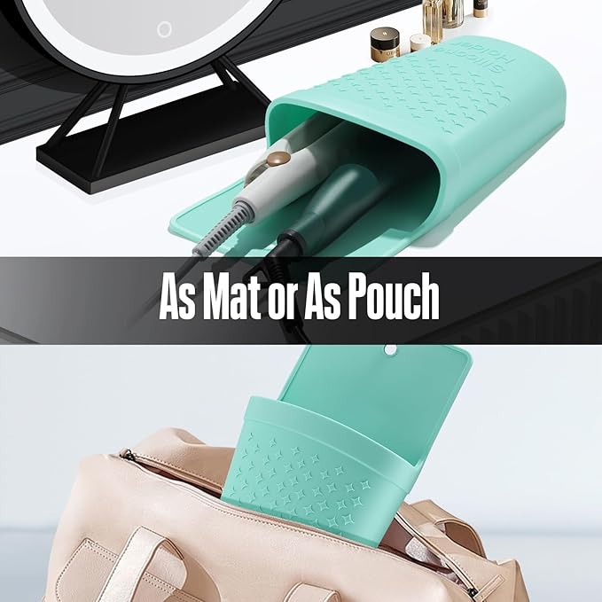 Heat Resistant Silicone Hair Iron Mat and Pouch,Portable Travel Hair Straightener Mat and Holder for Hair Styling Tools.1 Pack.(Mint Green)