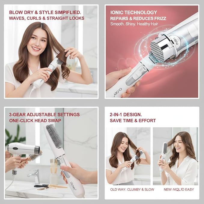2-In-1 Electric Hair Dryer Styling Tool - Blow Dryer Brush with Teasing Comb, 3 Gear Adjustable Hair Straightener (US Plug)