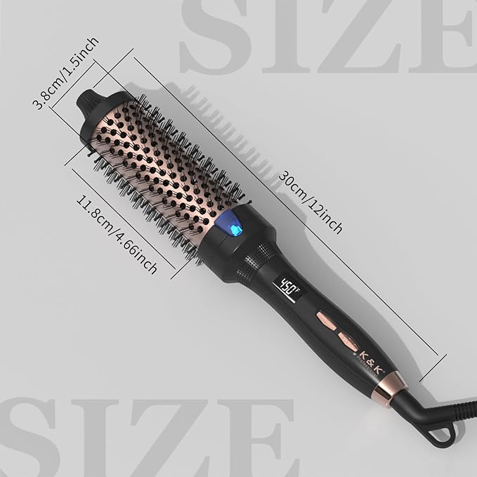 K&K 1 1/2 Inch Ceramic Tourmaline Ionic Heated Round Brush Curling Brush Creates Blowout Look -Creates Root Volume & Loose Curls Volume Curls Dual Voltage Hair Styling Tool (Black, 1.5 Inch)