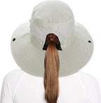 Rosoz Ponytail Sun Bucket Hats for Women UV Protection Foldable Mesh Wide Brim - Image 2