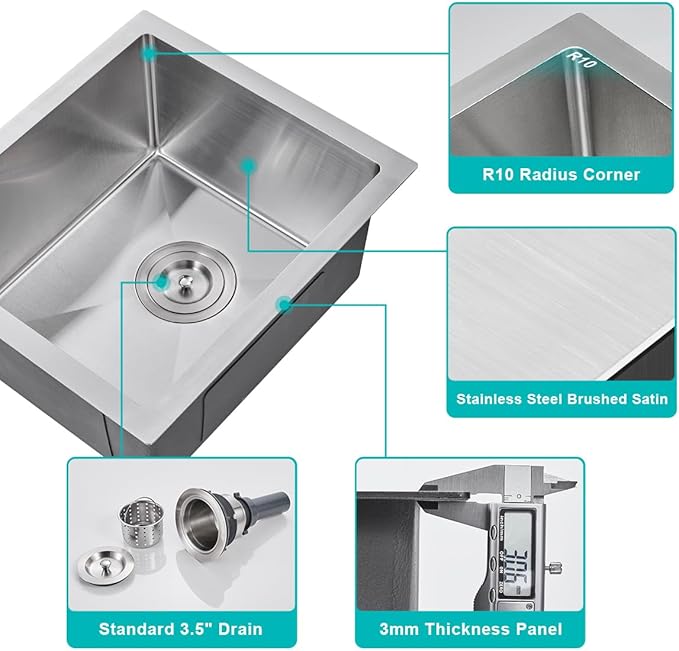 15 inch Undermount Bar Sink, Stainless Steel Handmade Single Bowl Kitchen Sink - Image 4