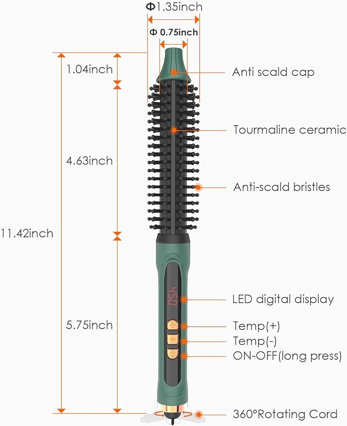 3/4 Inch Barrel Thermal Round Brush, Volume Heat Styling Brush for Men and Women Medium Thin Curly Straight Hair, Heated Curling Iron,12 Temperature Setting (1.35 Inch with Bristles)