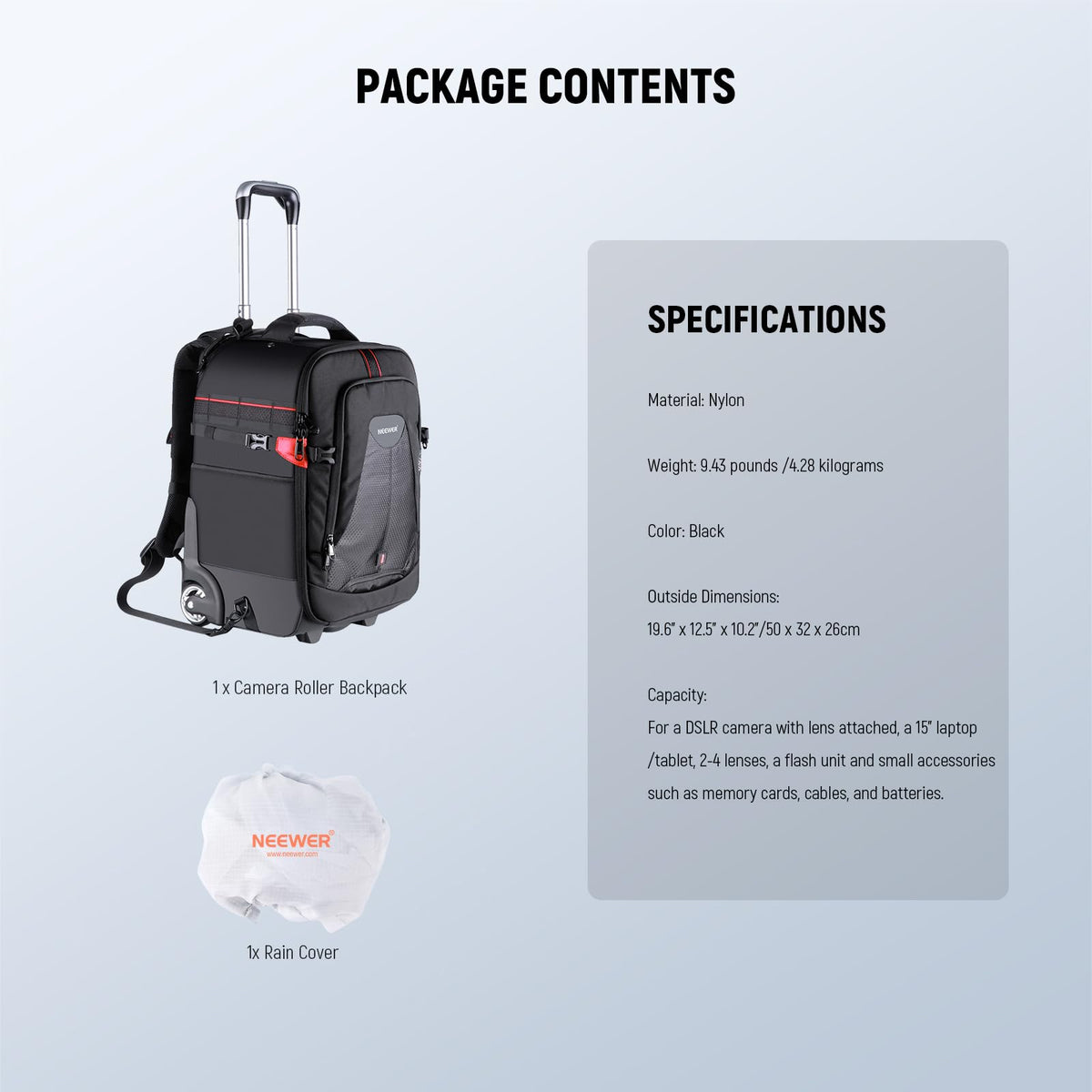 2-in-1 Rolling Camera Backpack Trolley Case - Anti-shock Detachable Padded Compartment, Hidden Pull Bar, Durable, Waterproof for Camera,Tripod,Flash Light,Lens,Laptop for Air Travelling(Black) (Nw-da410t)