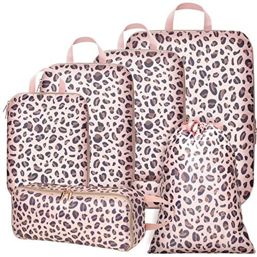 Compression Packing Cubes for Travel (10 Leopard Print Rose Gold / 6-Piece Set)
