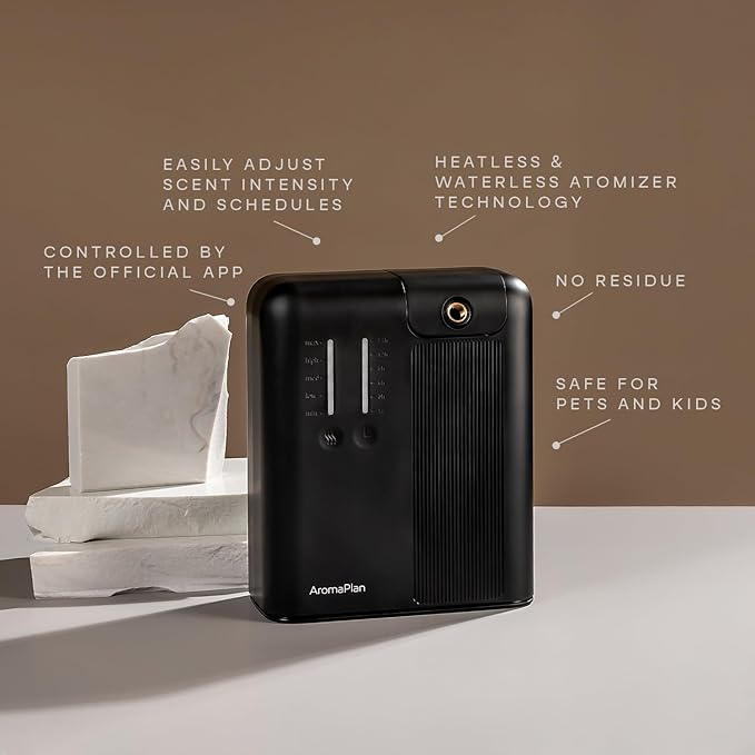AromaPlan 5 Star Collection Cold Air Scent Diffuser, Whole House (Includes 2 Fragrances & 12 Set Sample kit) - Smart Scent Diffuser, HVAC System- Touch & App, 2000 Sq. Ft Cov. (Black)