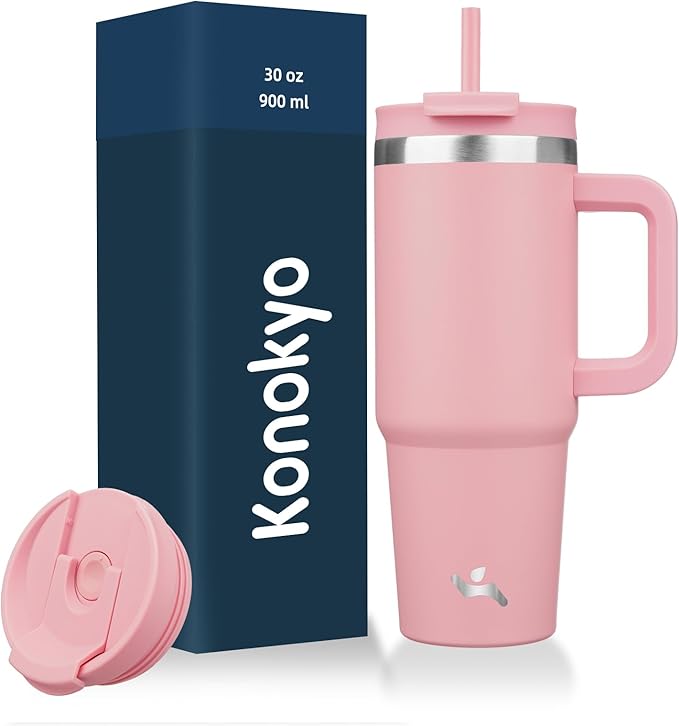 30 oz Tumbler with Handle and 2 Straws, 2 in 1 Lid Insulated Water Bottle by Konokyo
