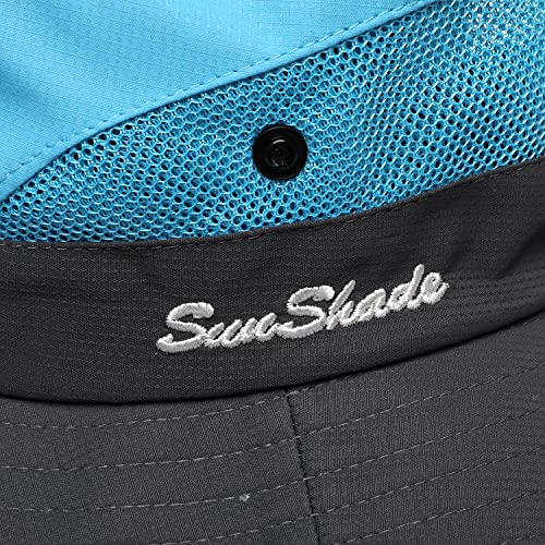 Womens Summer Sun Hat Beach Hat Wide Brim Outdoor UV Protection Hat Foldable Cool Mesh Ponytail Bucket Hat (6-7 / Sky Blue-gray)