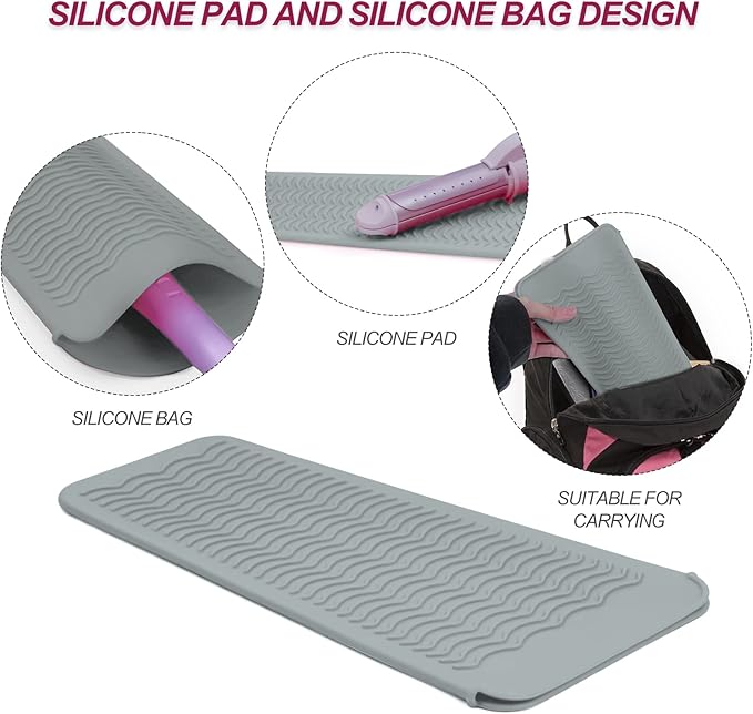 2PCS Silicone Heat Resistant Mat Pouch for Hair Straightener, Curling Iron, Flat Iron and Hot Hair Tools Grey 2 Pack